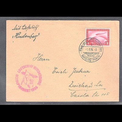 Zeppelin-Brief Olympiadefahrt 1936 mit EF. Mi.-Nr. 455