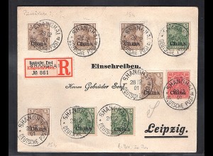 Deutsche Post in China, R-Brief mit Mi.-Nr.15b (5x) u.a., portorichtig gelaufen.