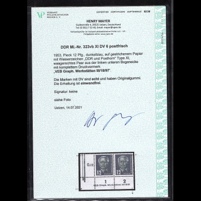 DDR. Mi.-Nr. 323vb XI DV 6 postfrisch, FA. Mayer.
