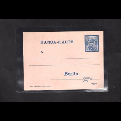 Privatpost, Hansa Berlin 2 Pf Ganzsache Karte, ungebraucht.