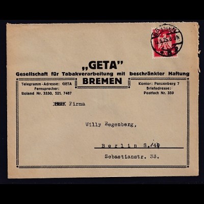 DR. Reklame-Brief, Tabakverarbeitung Geta. Bremen
