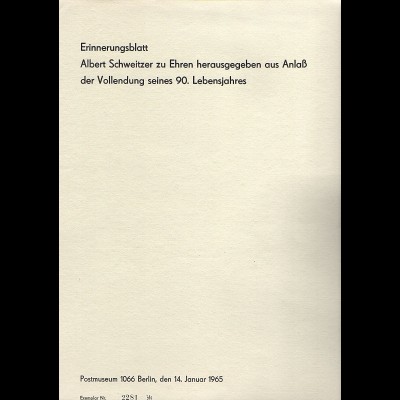 DDR - Gedenkblatt, Albert Schweizer, A1-1965 a