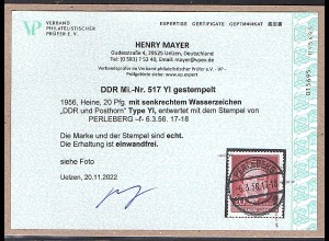 DDR. Mi.-Nr. 517 YI, Luxus gestempelt, Befund Mayer.