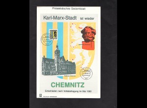 DDR - Gedenkblatt Karl-Marx-Stadt ist wieder Chemnitz., B34-1990