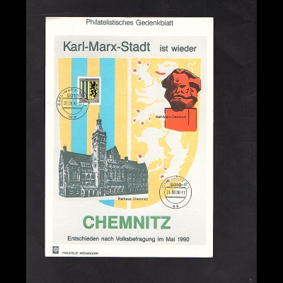 DDR - Gedenkblatt Karl-Marx-Stadt ist wieder Chemnitz., B34-1990