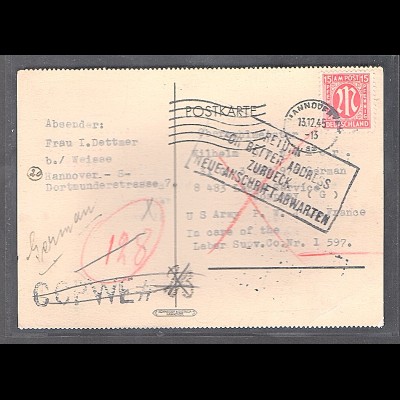 Bizone, AM Post Auslandkarte/KG-Karte mit EF. Mi.-Nr. 24