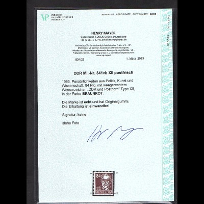  DDR 1953, Mi.-Nr. 341 vb XII, postfrisch, FA. Mayer