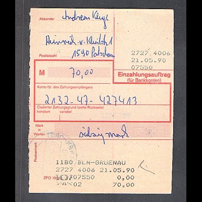 DDR. EF. Mi.-Nr. 3310 auf Einzahlungsauftrag.