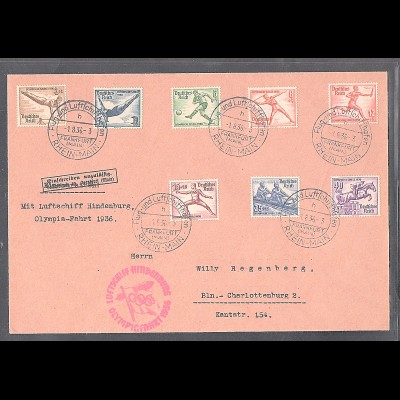 Zeppelin-Brief, Olympiafahrt 1936 Si. 427 Ba, mit DR. Mi.-Nr. 609-616