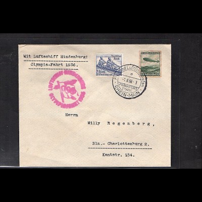 Zeppelin-Brief, Olympiafahrt 1936 mit Mi.F. Mi.-Nr. 607 + 615