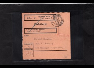 DR., Wert-Paketkarte mit Gebühr bezahlt aus Waldheim/Selbstbucher.