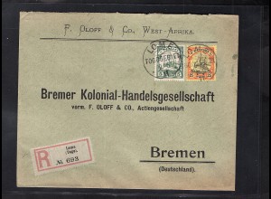 Deutsche Kolonie Togo R-Fernbrief mit MiF. Mi.-Nr. 11 + 21
