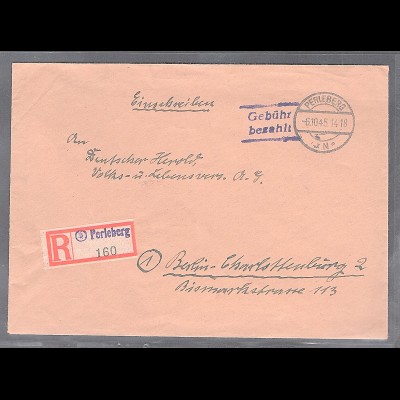 SBZ. Gebühr bezahlt Perleberg 06.10.45 als R-Brief mit AK-St.