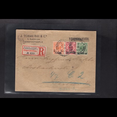 Deutsche Post in der Türkei, R-Brief von Constantinopel mit 3 Farben-Frankatur.