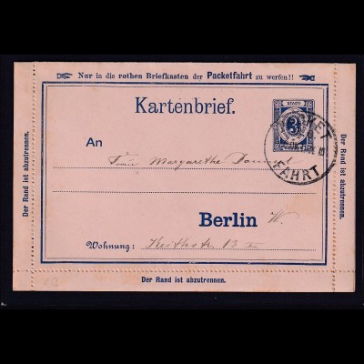 Privatpost,Packetfahrtkarte Berlin, Kartenbrief 3 Pfg., Blau, gelaufen.