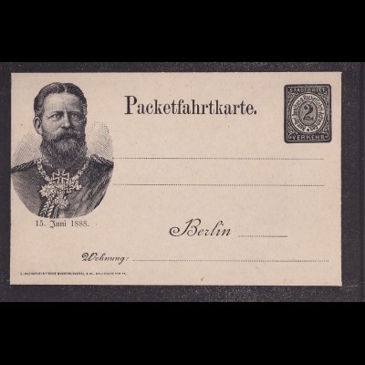 Privatpost, Packetfahrtkarte Berlin 15 Juni 1888, 2 pfg. Schwarz, ungebraucht.