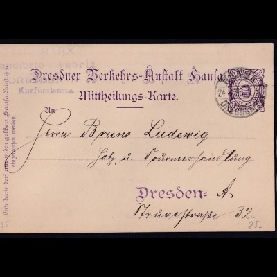 Privatpost, Mittheilungskarte, Hansa-Dresden 1896, 3 Pf., gestempelt.