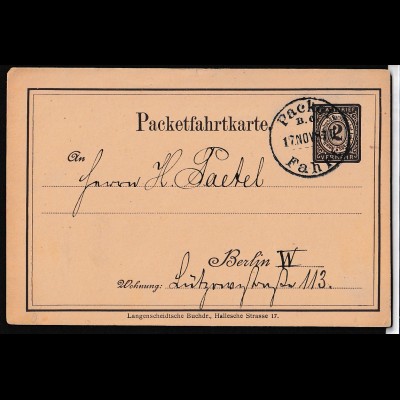 Privatpost, Packetfahrtkarte, Berlin 1887,2 Pf. Braun, gestempelt.