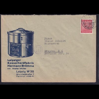 DR. Reklame-Brief, EF. Mi.-Nr.119 x, Leipziger Kesselherdfabrik Hermann Brömme.