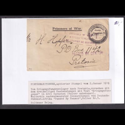 Südafrika, Zensurbrief nach Pretoria 1919, KGF-sendung.