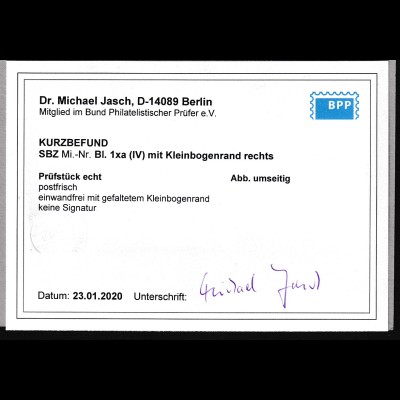 SBZ., Mi.-Nr. BIock. 1xa (IV), postfrisch, KB. Dr. JaschBPP.