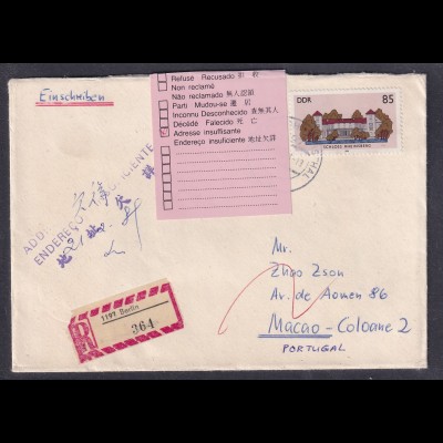 DDR., R-Ausland-Brief nach Macao mit EF. Mi.-Nr. 3034 und zurück.