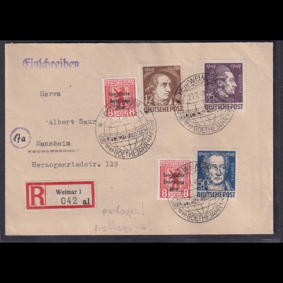 SBZ.Geburtstag von Goethe, ex.Mi.-Nr. 234-234 als R-FDC-Fernbrief mit Ak-St.