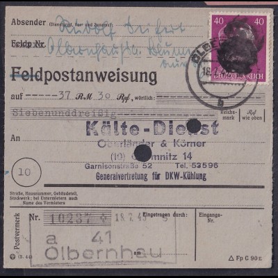 SBZ., Säch. Schwärzung, Postanweisung mit EF. AP. 795 von Olbernhau