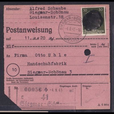 SBZ., Säch. Schwärzung, Postanweisung mit EF. AP. 794 von Siegmar-Schönau