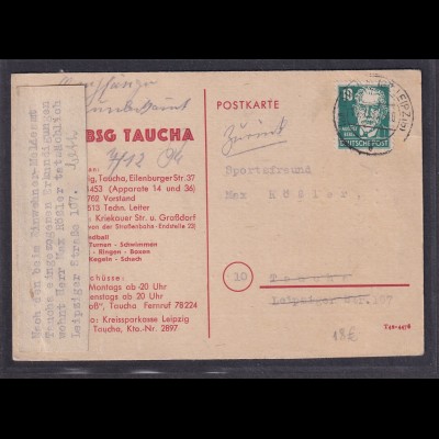 SBZ., Fern-Postkarte mit EF. Mi.-Nr. 215, mit "Zurück Zettel"