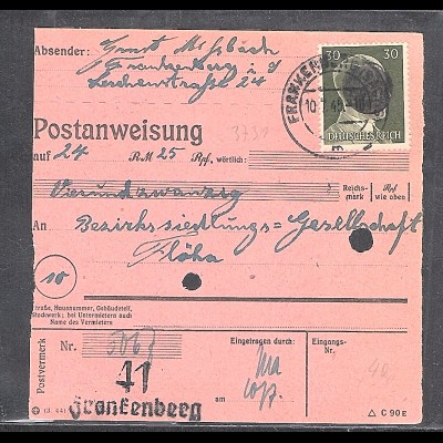 SBZ., Säch. Schwärzung, Postanweisung mit EF. AP. 794 von Frankenberg