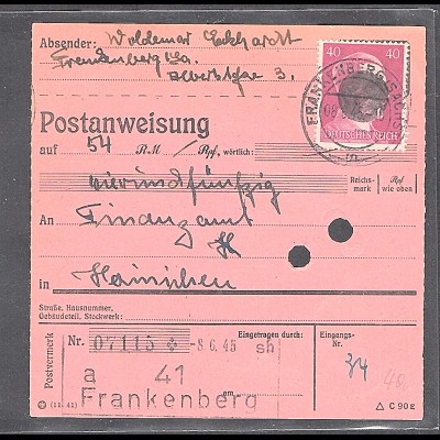 SBZ., Säch. Schwärzung, Postanweisung mit EF. AP. 795 von Frankenberg