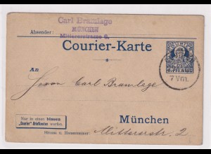 Privatpost, Courier-Karte München, 1,5 Pfg. Blau, gelaufen.