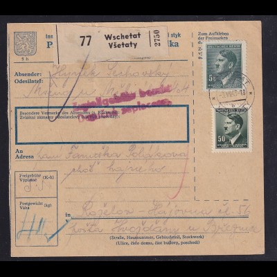 B&M., Paketkarte von Wschetat an Fremdarbeiter lager Holleischen/Huozdany.