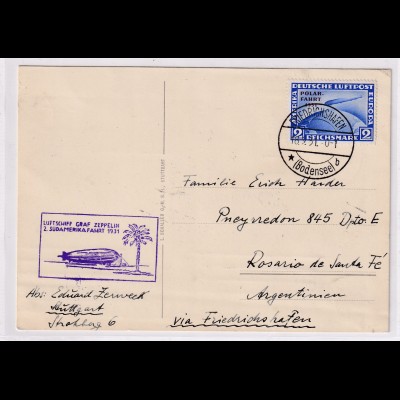Zeppelin-Karte , EF. Mi.-Nr. 457 nach Argentinien mit Ak-St.
