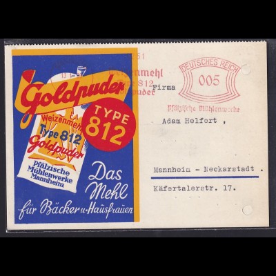 DR. Reklame-Karte, mit Freistempel Pfälzische Mühlenwerke Mannheim