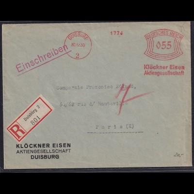 DR., R-Ausland-Brief mit Frei-Stempel Klöckner Eisen AG., Duisburg