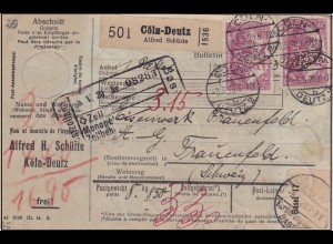 DR., Ausland-Paketkarte aus Cöln-Deutz/Selbstbucher mit Mi.-Nr. 115 a u.a.
