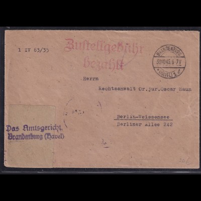 SBZ. Fernbrief mit Gebühr bezahlt aus Brandenburg(Havel) 1