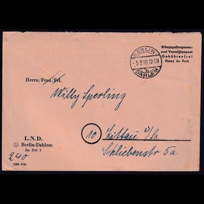 Berlin, Krieggefangenen-Brief aus Berlin-Dahlem 5.9.50