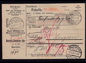 DR., Ausland-Paketkarte mit Gebühr bezahlt aus Barmen Wupperfeld/Selbstbucher