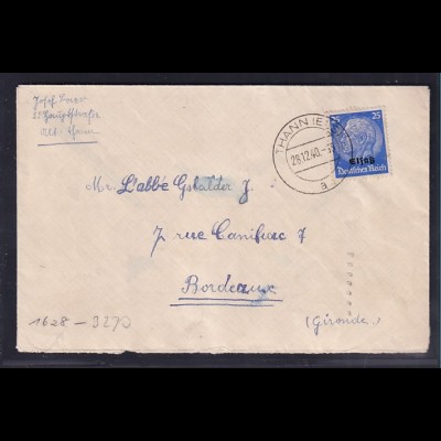 Dt. Besetzung 2. Weltkrieg, Elsaß, Ausland-Brief EF. Mi.-Nr. 10, Zensiert