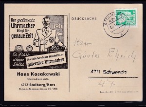 DDR., Reklame-Karte, Uhrmachermeister Hans Kosakowski Stolberg/Harz