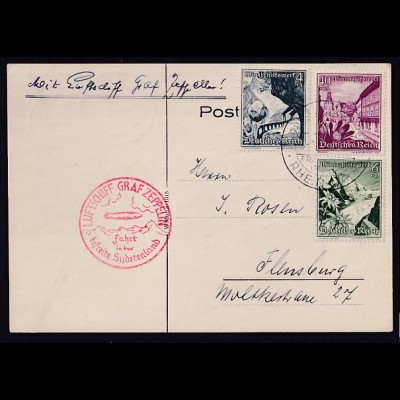 DR., Zeppelin-Karte, Fahrt in der befreite Sudetenland mit Mi.-Nr.676, 678, 683