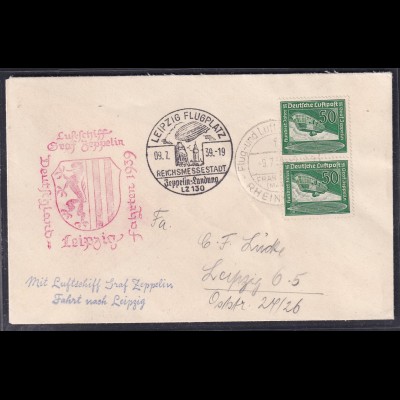 Zeppelin-Brief Fahrt nach Leipzig 1939 mit MeF. Mi.-Nr. 670