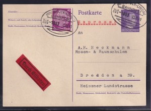 DR., Ganzsache Mi.-Nr., P 299 I, als Eilbote Fernkarte mit Bahnpost gelaufen.