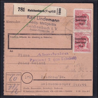 SBZ, Paketkarte mit MeF. Mi.-Nr. 192