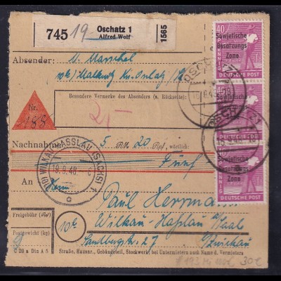 SBZ, Paketkarte mit MeF. Mi.-Nr. 193