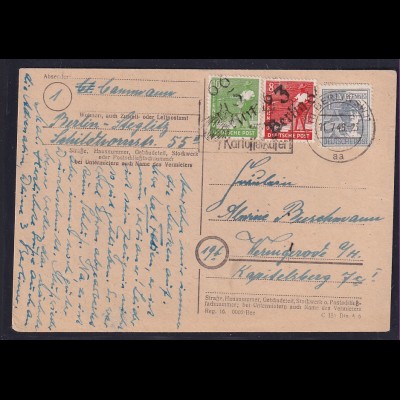 SBZ, Hand-St. Fernkarte mit MiF. Mi.-Nr. 947 + 168,169, Ak-St.
