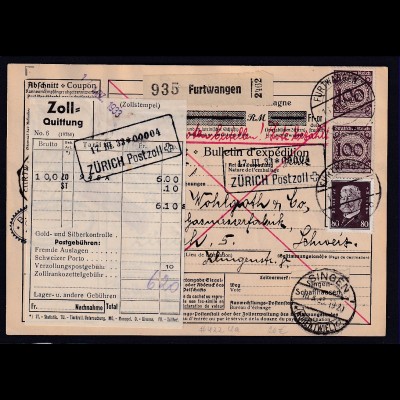 DR., Ausland-Paketkarte mit MiF Mi.-Nr. 422 u.a, aus Furtwagen